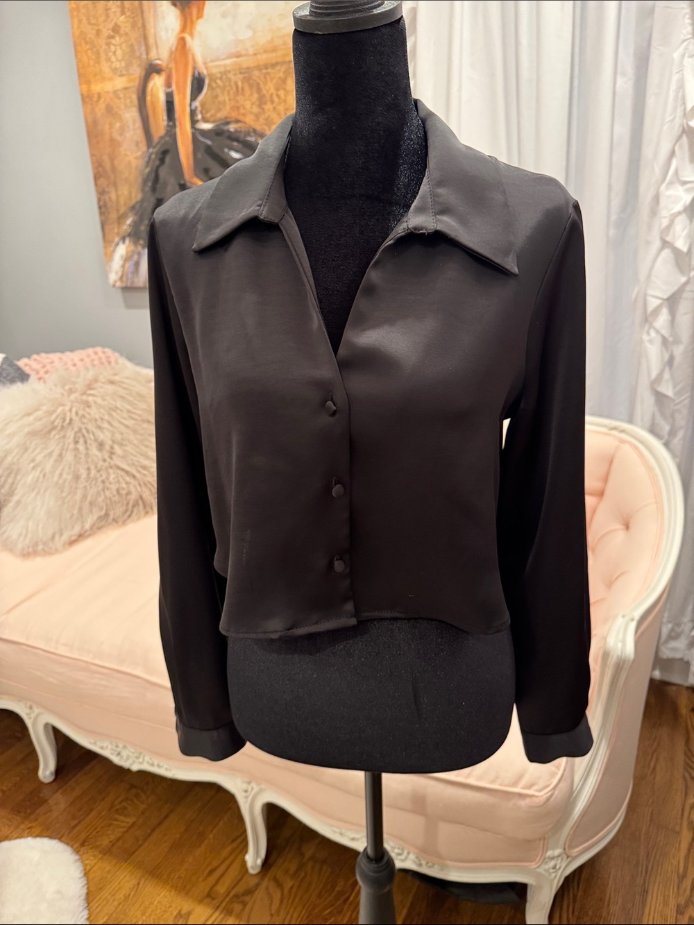 Zara Black Cropped Button-Front Collared Shirt